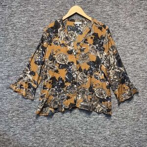 Habitat Express Yourself Blouse Women Large Mustard Floral Peplum Hem Boho Earty